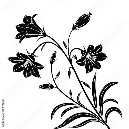 Elegant black silhouette illustration of bell shaped flowers and buds decorative floral vector motif design element on transparent background