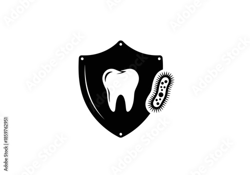 Dental protection shield icon with tooth and a bad microbe symbol of oral hygiene and bacteria defense