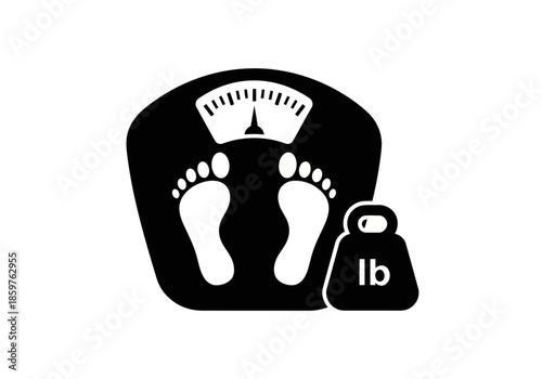 Simple weight scale silhouette with footprints and pound symbol icon for measuring body mass and health tracking