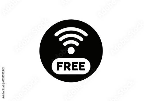 Free wifi icon in black circle with white text and white wifi signal waves simple graphic symbol for wireless internet access