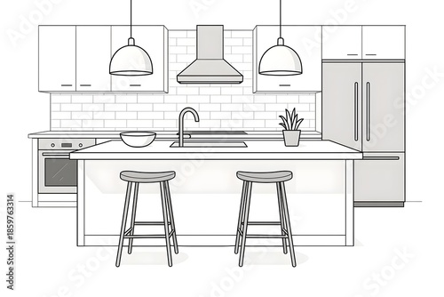 Modern White Kitchen Interior Illustration with Sleek Island and Bar Stools, Front View Minimal Design