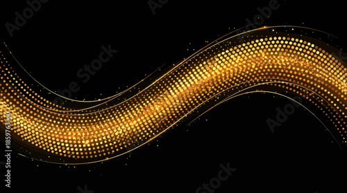 Golden luminous particle stream, abstract glittering halftone wave on black background, festive sparkling design element for luxury celebration, presentation, banner, or decoration