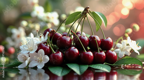 A cluster of juicy ripe red cherries surrounded by white flowers and green leaves