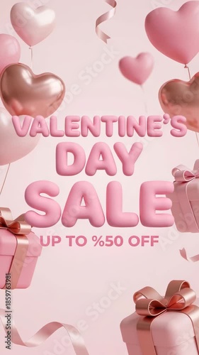 Valentine Day Sale Promotion Banner with Up to 50% Off Text and Pink Hearts 3D Defocused Vertical Video Background