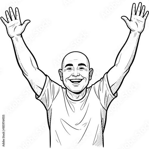 “High-contrast line art of a bald man smiling, arms lifted, cartoon realism style.”