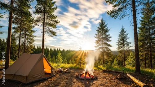 Camping scene with a tent and bonfire under a starry night sky in the forest nature scene