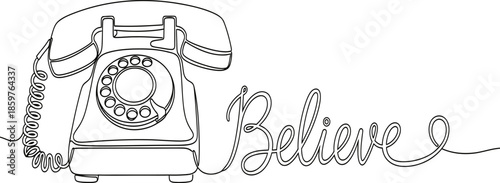 One continuous line drawing retro rotary phone and word believe vintage communication concept