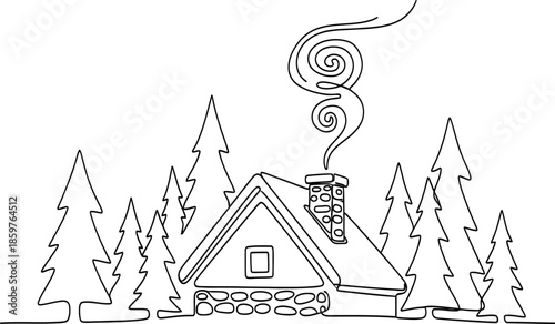Continuous line drawing winter house in pine forest with smoking chimney christmas holiday concept