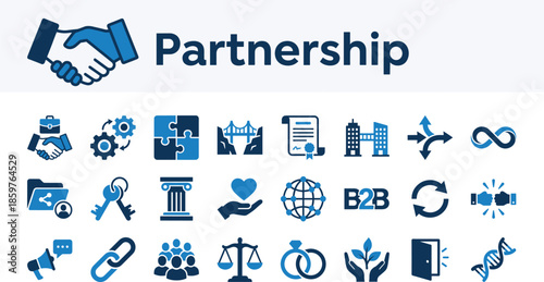 Business Partnership and B2B Vector Icon Set. Alliance, Cooperation, Joint Venture, and Synergy Symbols. Blue Flat Design Style.
