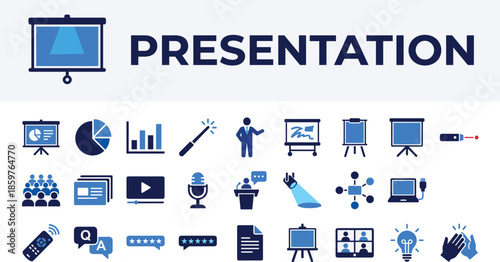 Business Presentation and Conference Vector Icon Set. Speaker, Slide, Infographic, and Seminar Symbols. Blue Flat Design Style.