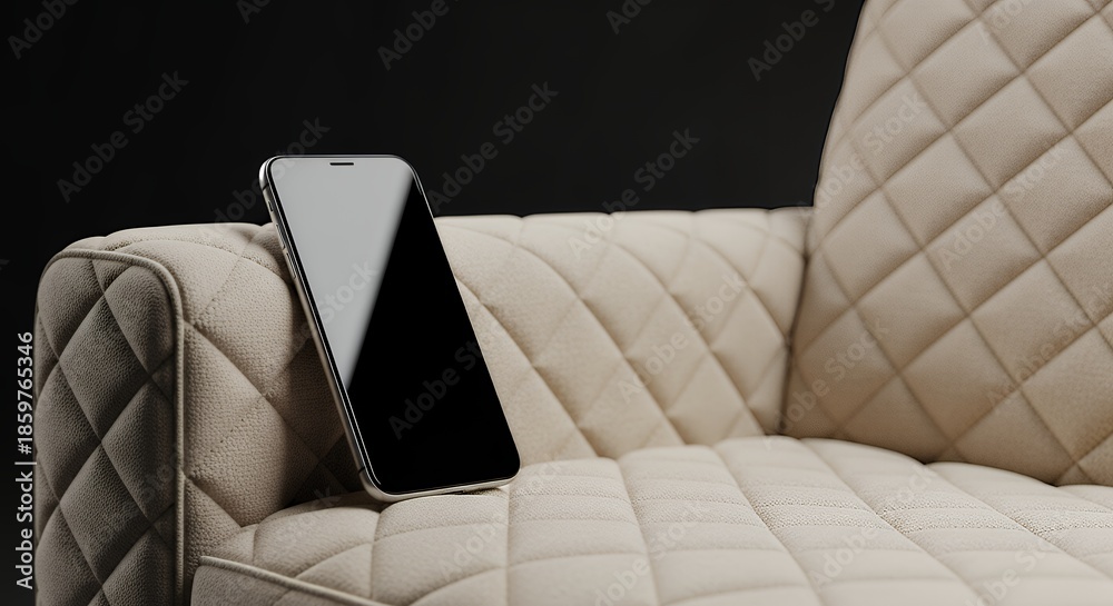 Fototapeta premium A smartphone rests on the arm of a beige quilted sofa against a dark background