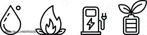 Water fire electricity and battery icons perfect for environmental designs on transparent background

