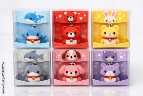 Cute animal pendants displayed in colorful transparent storage boxes