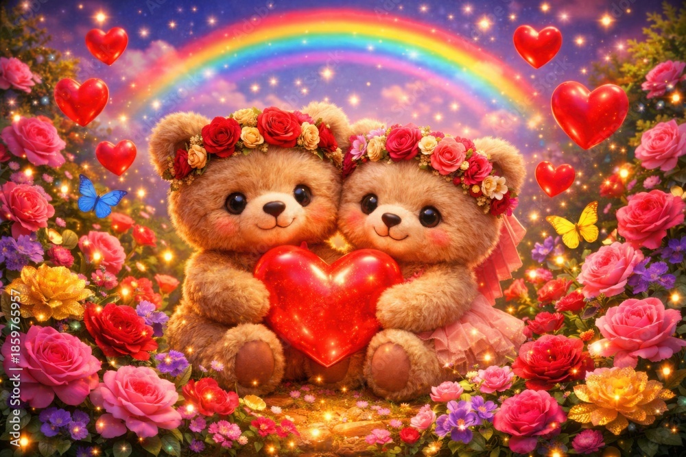 Fototapeta premium Cute teddy bears holding heart in colorful flower meadow with rainbow