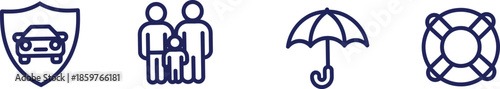 Four insurance icons depicting car people umbrella and home protection on transparent background

