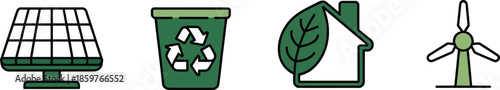 Green energy icons featuring a lamp recycling bin leaf house and wind turbine on transparent background

