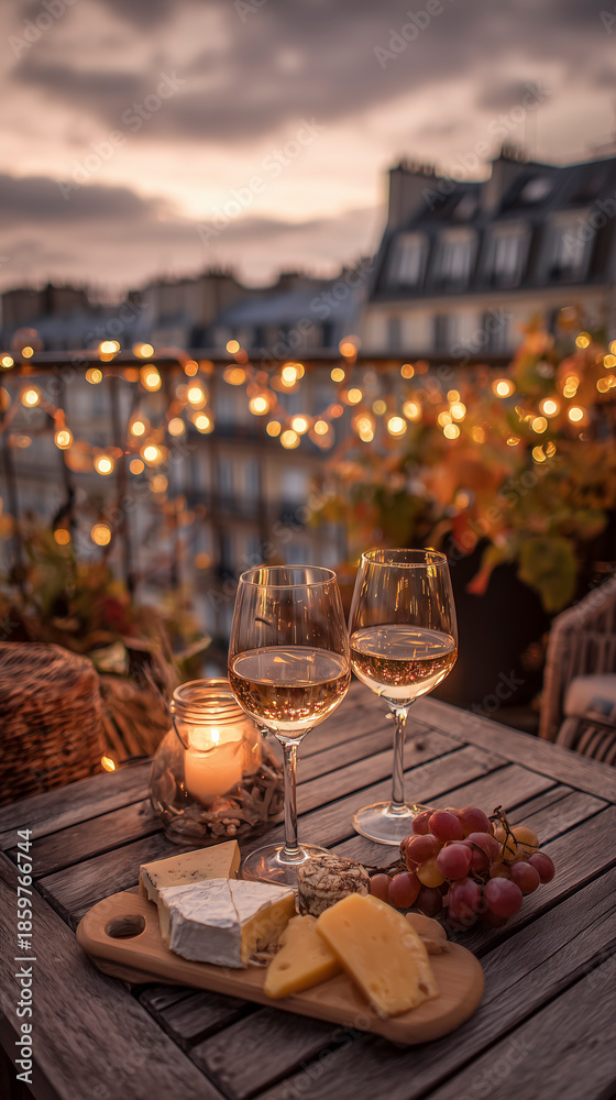 Naklejka premium Romantic Evening With Wine Over Rooftops, Celebration On Rooftop Under Starry Skies And Glowing Lights