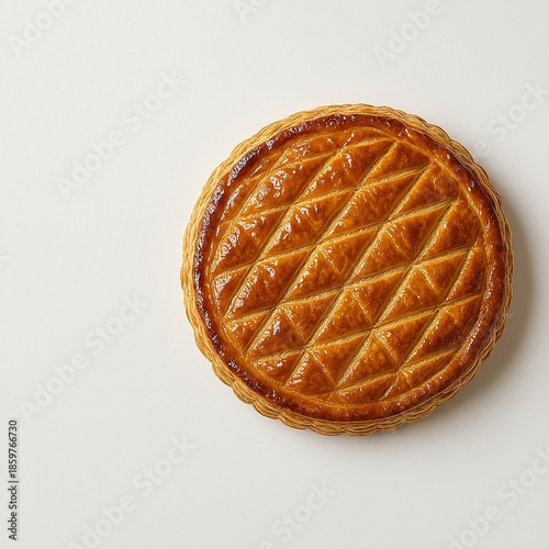 Galette des Rois, traditional French king cake, golden puff pastry dessert for Epiphany celebration, overhead view on white background