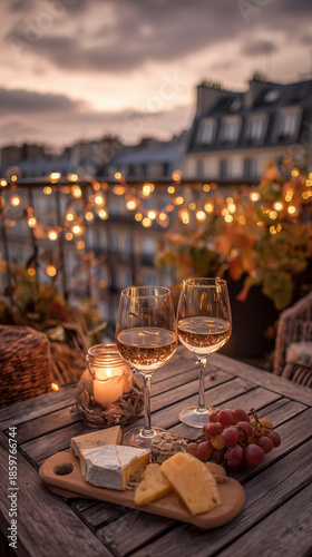 Romantic Evening With Wine Over Rooftops, Celebration On Rooftop Under Starry Skies And Glowing Lights