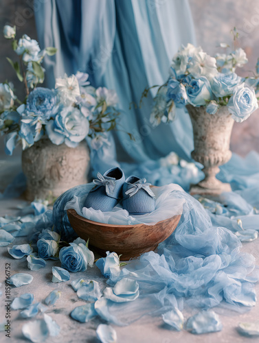 Still Life with Blue Baby Shoes, Roses, and Draped Fabric on Table – Baby Boy Backdrop with Copy Space