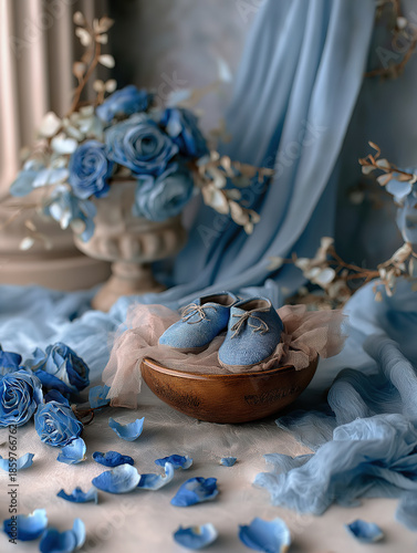 Still Life with Blue Baby Shoes, Roses, and Draped Fabric on Table – Baby Boy Backdrop with Copy Space