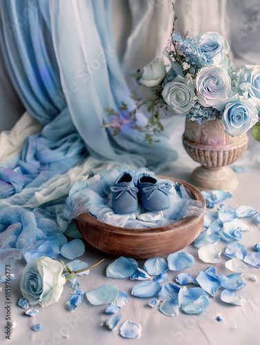 Still Life with Blue Baby Shoes, Roses, and Draped Fabric on Table – Baby Boy Backdrop with Copy Space