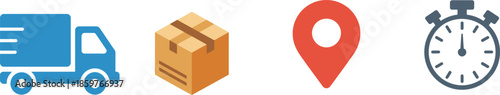 Delivery truck package location pin and clock icons ideal for logistics on transparent background

