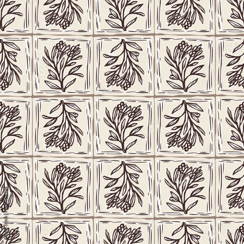 Hand drawn bold floral bloom lino cut style seamless pattern background. Flat vector stylish design wildflower motif Patchwork block print. Rustic neutral organic feel for fabric textile linen look