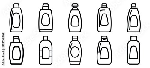 Skincare hair shampoo bottle editable stroke outline icons set isolated on white background flat vector illustration.