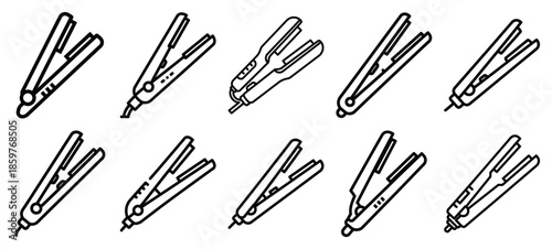 Skincare hair straightener editable stroke outline icons set isolated on white background flat vector illustration.