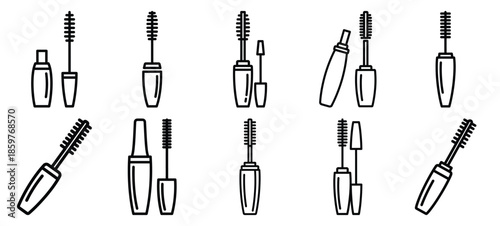 Skincare mascara wand editable stroke outline icons set isolated on white background flat vector illustration.