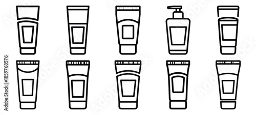 Skincare moisturizer bottle editable stroke outline icons set isolated on white background flat vector illustration.
