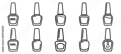 Skincare nail polish bottle editable stroke outline icons set isolated on white background flat vector illustration.