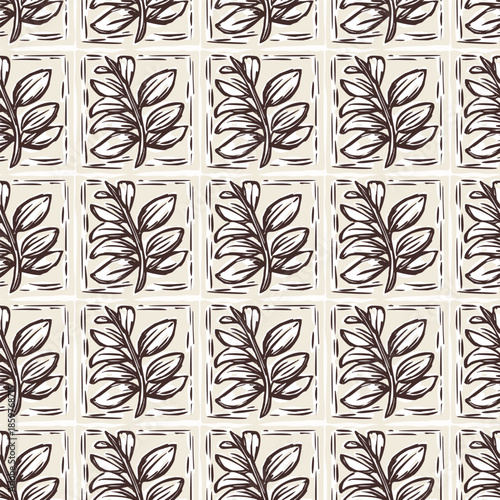 Hand drawn bold floral bloom lino cut style seamless pattern background. Flat vector stylish design wildflower motif Patchwork block print. Rustic neutral organic feel for fabric textile linen look