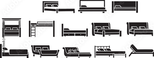 Minimalist black and white furniture icons showcasing diverse bed and sofa designs