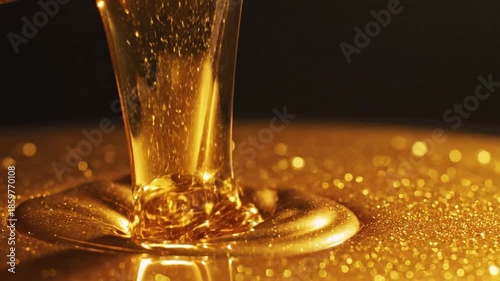 Close up of golden viscous liquid dripping into a pool macro shot of flowing texture on a reflective surface