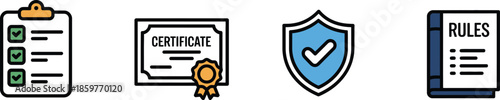 Four colorful icons representing documents certificate security and rules on transparent background


