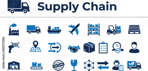 Supply Chain and Logistics Vector Icon Set. Distribution, Shipping, Warehouse, and Delivery Symbols. Blue Flat Design Style.