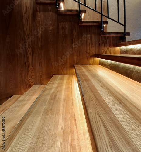 This modern illuminated wooden staircase combines the texture of natural wood with elegant black railings. Perfect for home and real estate design, it provides inspiration for sophisticated decor.