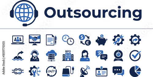 Outsourcing and Global Services Vector Icon Set. Remote Work, BPO, Offshoring, and Support Symbols. Blue Flat Design Style.