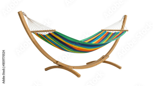 Colorful striped hammock with wooden stand ready for relaxation, cut out, stock png, isolated on transparent background