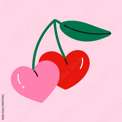 Cute heart-shaped cherries with leaf. Coquette cherry couple. Perfect for Valentine’s Day and wedding designs. Minimal flat vector illustration, isolated object on light pink background.
