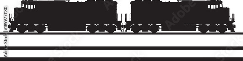 Silhouette of two locomotives on railway tracks against a white background