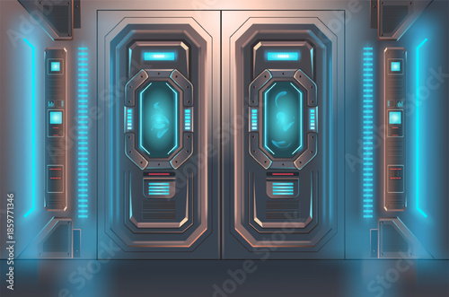Futuristic interior of doors in an intergalactic station, neon lights. Sci-fi tunnel with doors. Vector illustration.