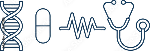 Medical icons featuring dna pill heartbeat and stethoscope symbols on transparent background

