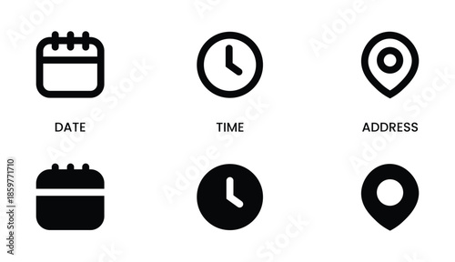Date, Time and Address Icons Minimal Flat Design Vector Illustration Set for Events, Forms, Calendars and User Interface Design Isolated on White Background