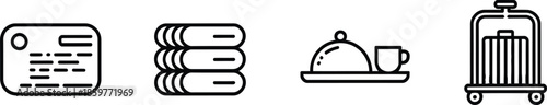 Hotel service icons including receipt stacked towels covered dish and luggage cart on transparent background

