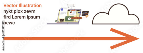Cloud storage, data sharing, digital streaming, online storage, internet service, technology integration. A laptop showing digital tools and a cloud with an arrow. Cloud storage and data sharing