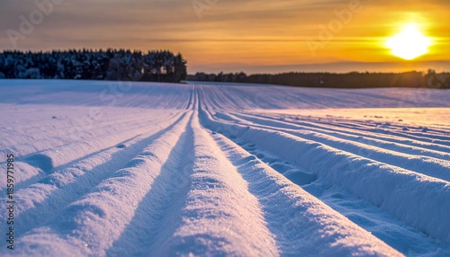 Snow-covered field at sunset with tire tracks in the foreground and trees in the background