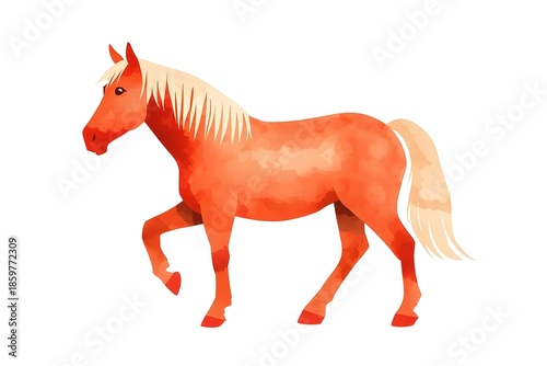 Stylized Watercolor Horse Illustration - Elegant Orange and Red Pony Painting with Flowing Blonde Mane on White Background, Isolated Animal Art for Print, Nursery Decor, Clip Art